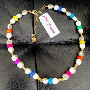 Betsey Johnson Multi Colored Rainbow Faux Pearl Gold Tone Necklace NWT